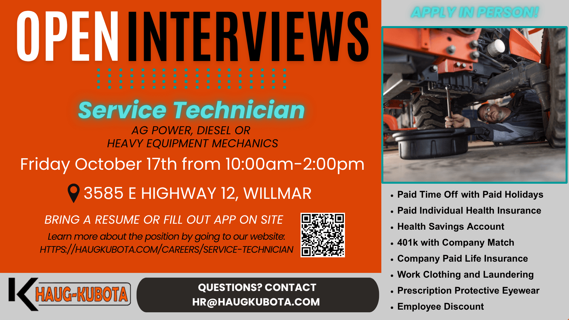 Open Interviews Service Technician Ag Power, Diesel, or Heavy Equipment Mechanics Friday, October 17th from 10:00am-2:00pm Bring a resume or fill out app on site.